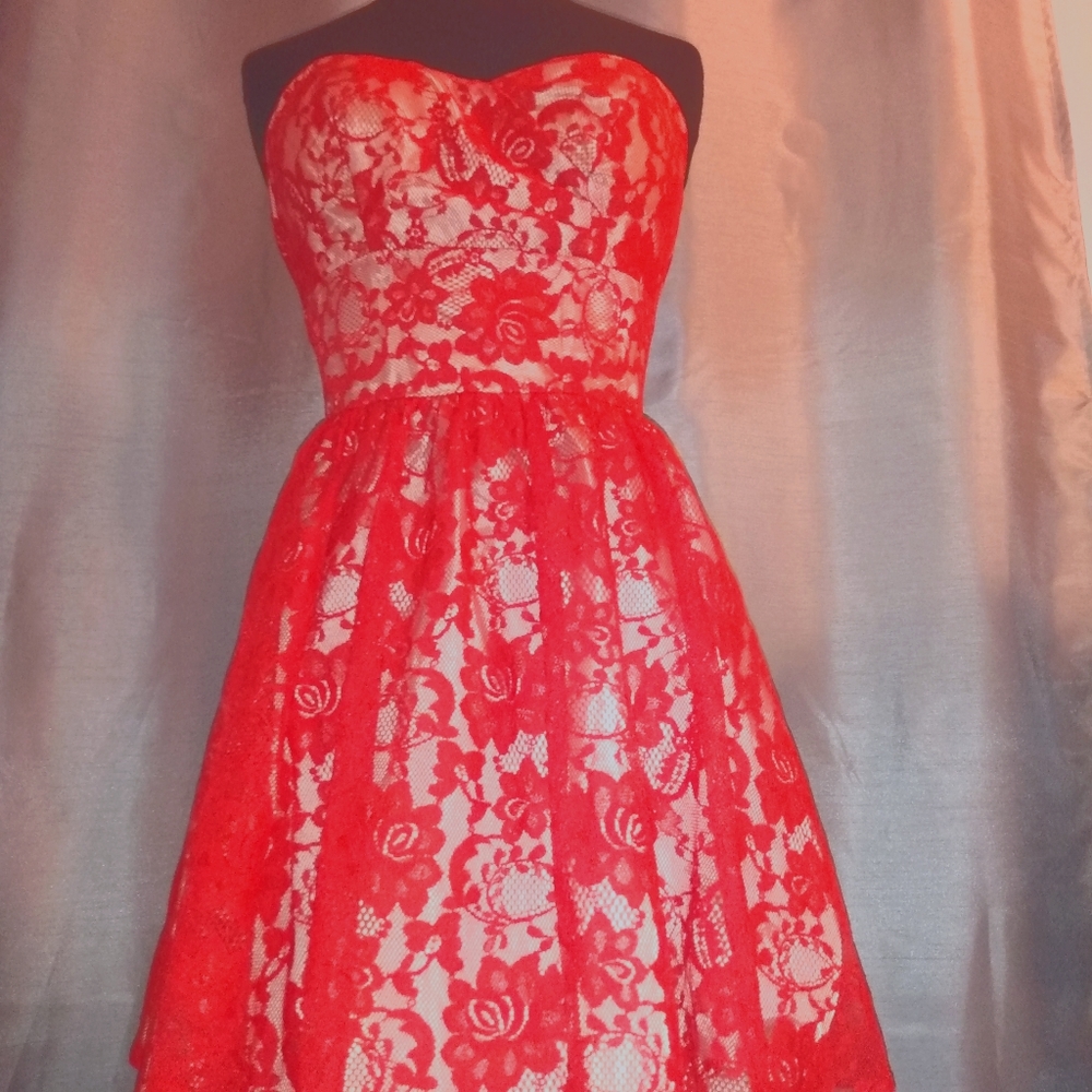 Elise Ryan Bandeau Skater Dress in Red Lace
